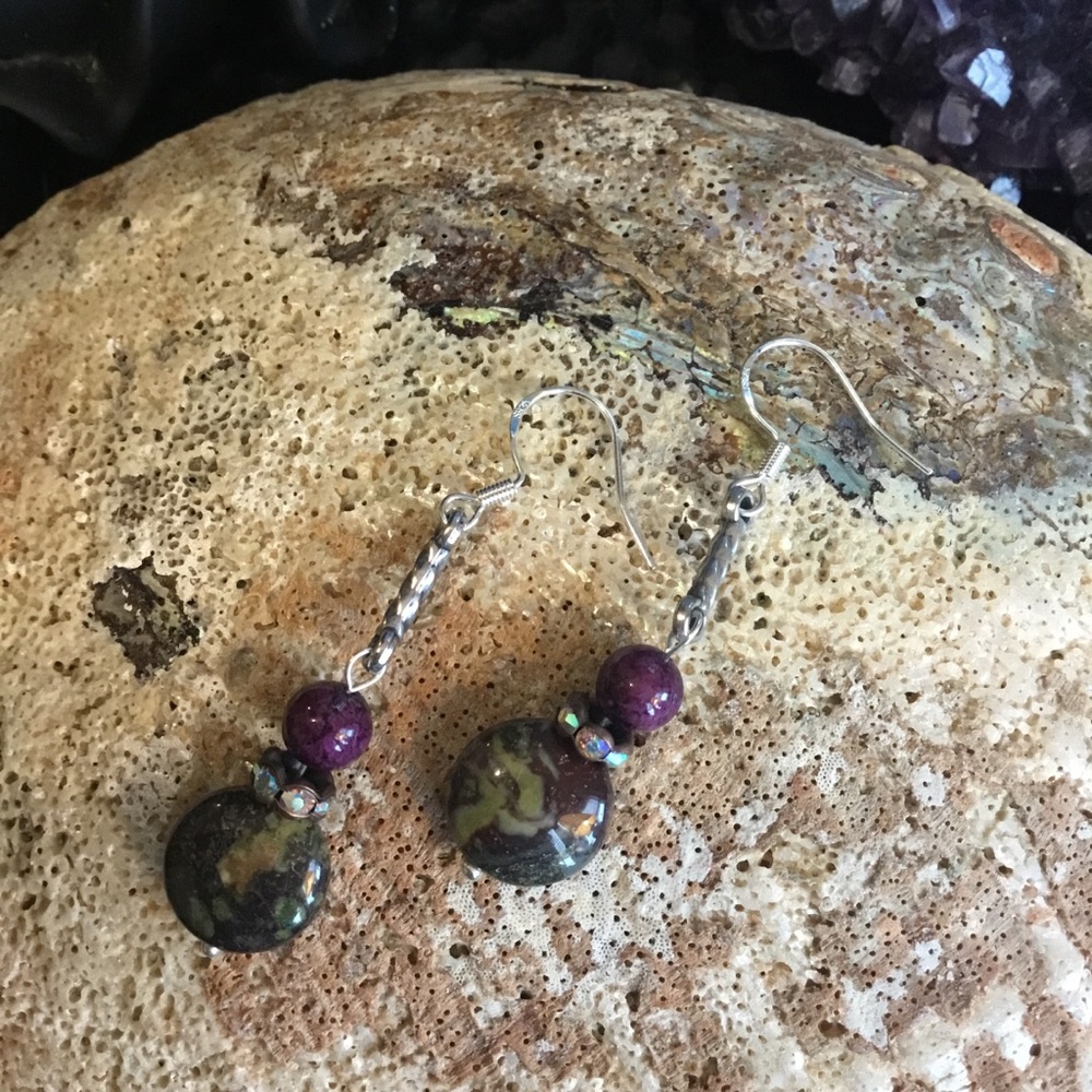 Handcrafted Bloodstone and Purple Sea Sediment Jasper Bead Earrings